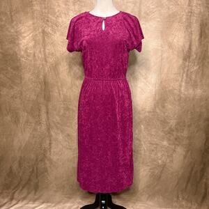 Vintage 70s Union Made Magenta Terry Cloth Shirt Waist Dress Side Button Midi